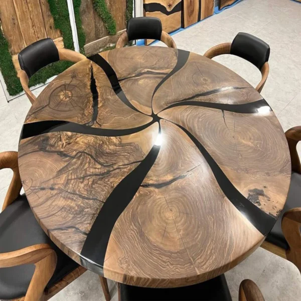 Walnut Round Black Epoxy Table