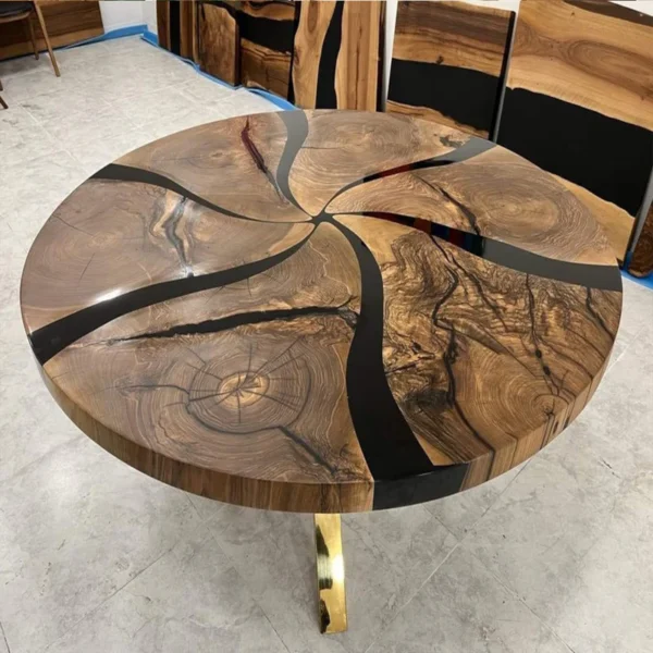 Walnut Round Black Epoxy Table