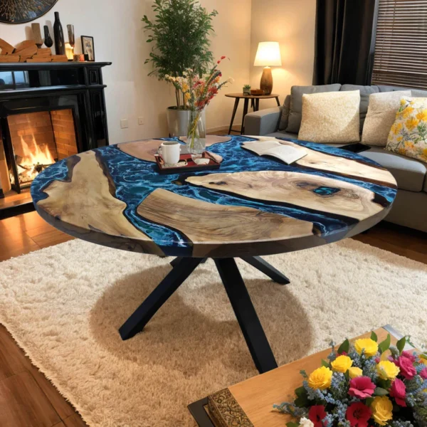 Walnut Blue Round  Epoxy Table